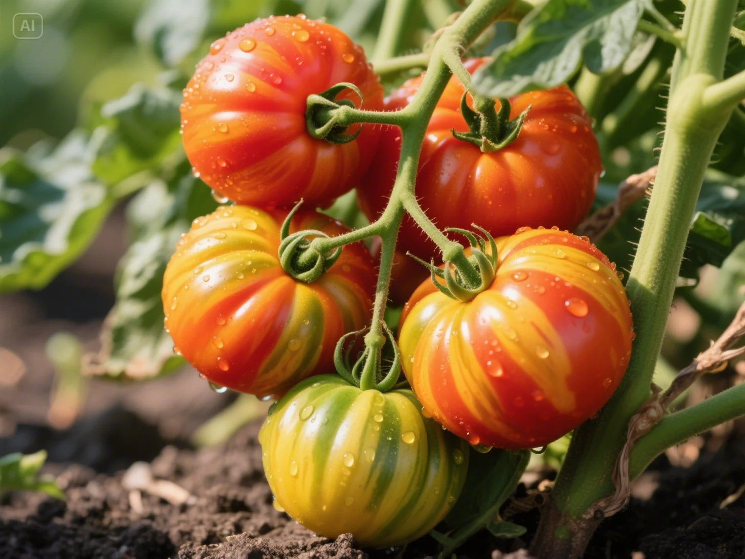 Close-up of several large, ribbed Pineapple heirloom tomatoes growing on a plant, displaying their characteristic golden-yellow and red marbled skin