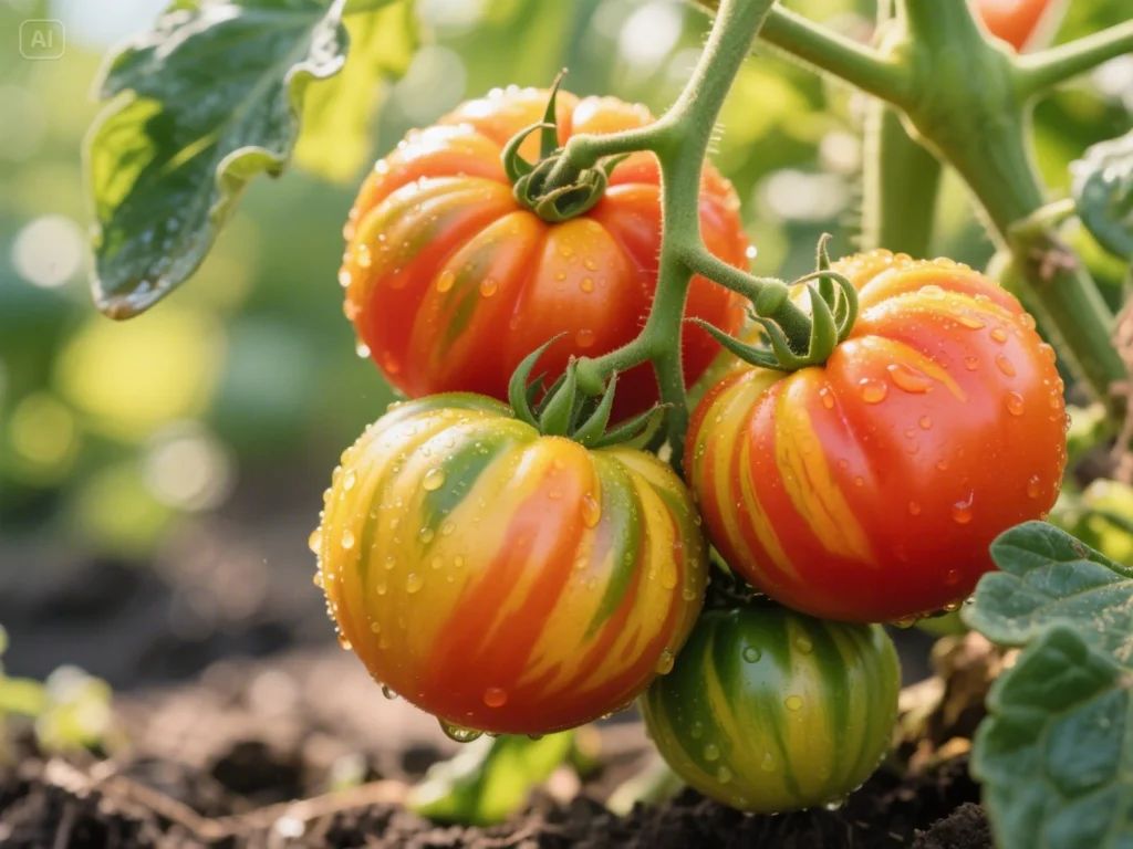 Hyper-realistic image of large Pineapple beefsteak tomatoes on the vine, highlighting their vibrant bi-color pattern and ribbed texture.