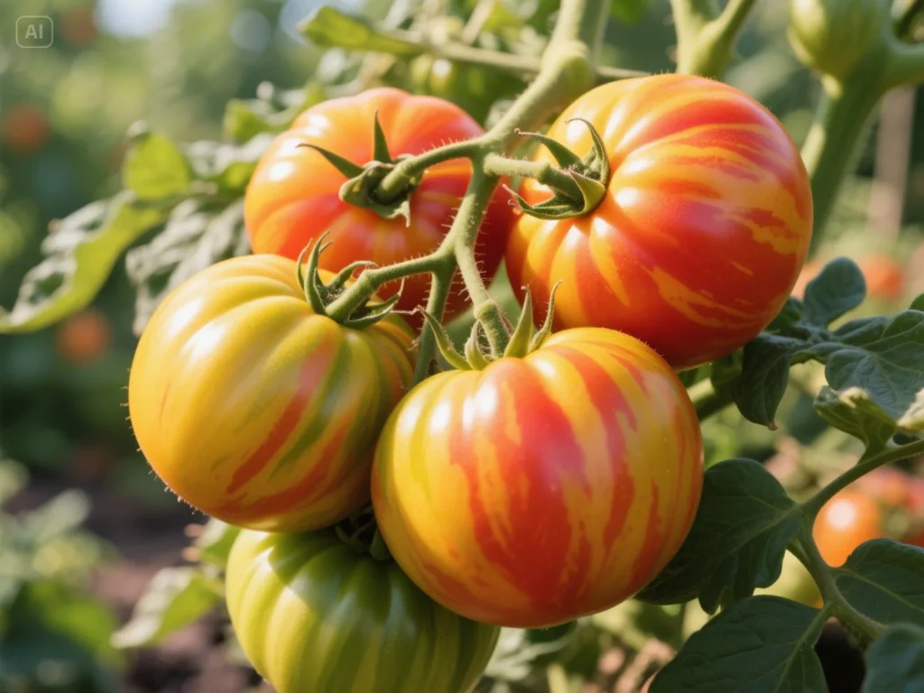 Cluster of large, bi-color Pineapple heirloom tomatoes ripening on the vine, showing golden-yellow skin with red streaks