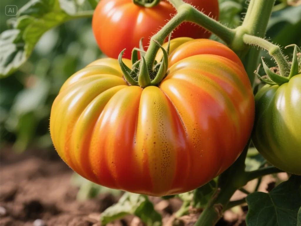 Large, bi-color Pineapple tomatoes with ribbed skin and red/yellow marbling, growing on the vine in sunlight.
