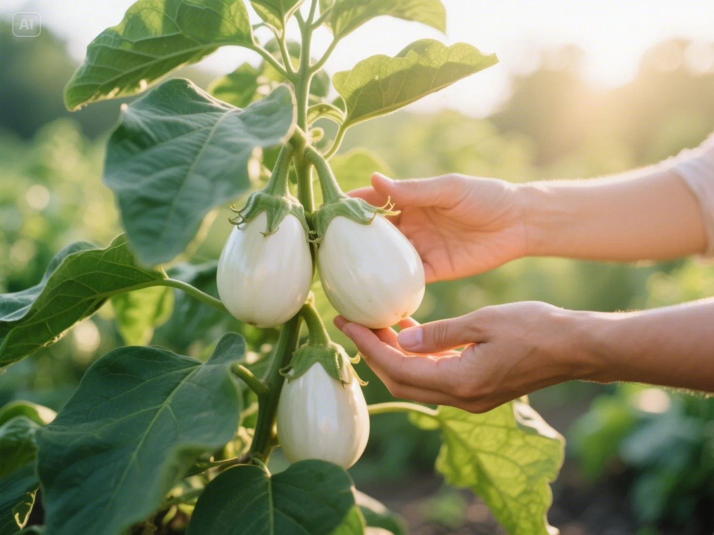 Hand gently touching a glossy white eggplant growing on a leafy plant, bathed in warm morning sunlight in a garden.