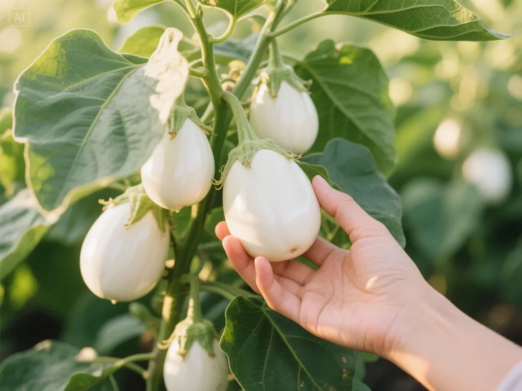 Hand gently touching a glossy white eggplant growing on the plant in a garden bathed in warm morning sunlight filtering through green leaves