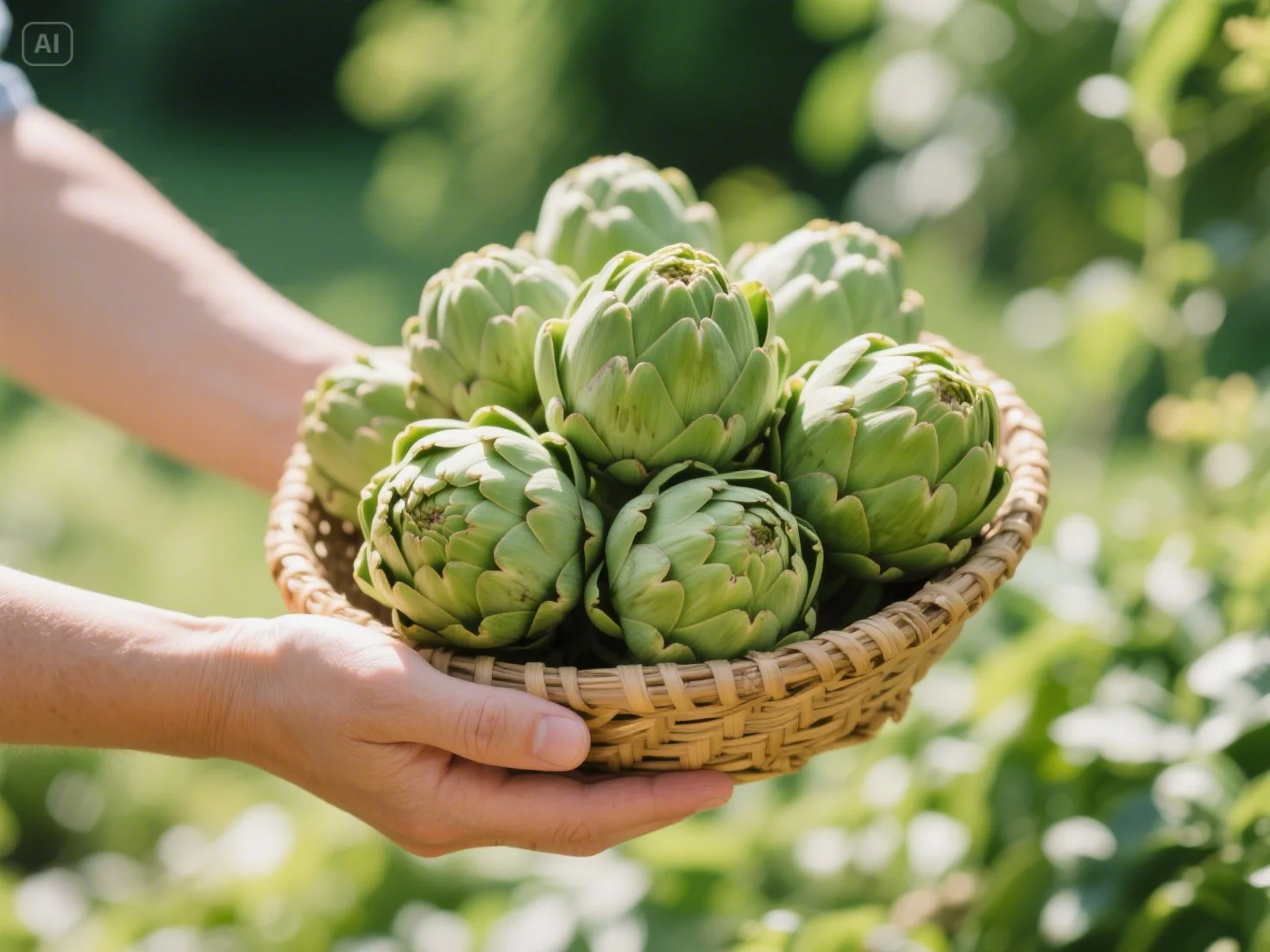 Hand holding a woven wicker basket brimming with fresh green globe artichokes, harvested directly from the artichoke plant.