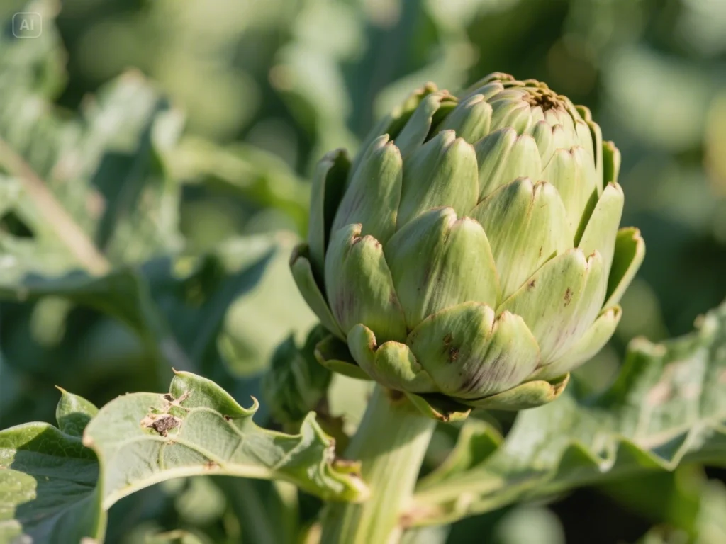 Close-up of a large, tight green globe artichoke bud on the stem, indicating it's perfectly ready for harvesting.
Title: Artichoke Bud Ready for Harvest