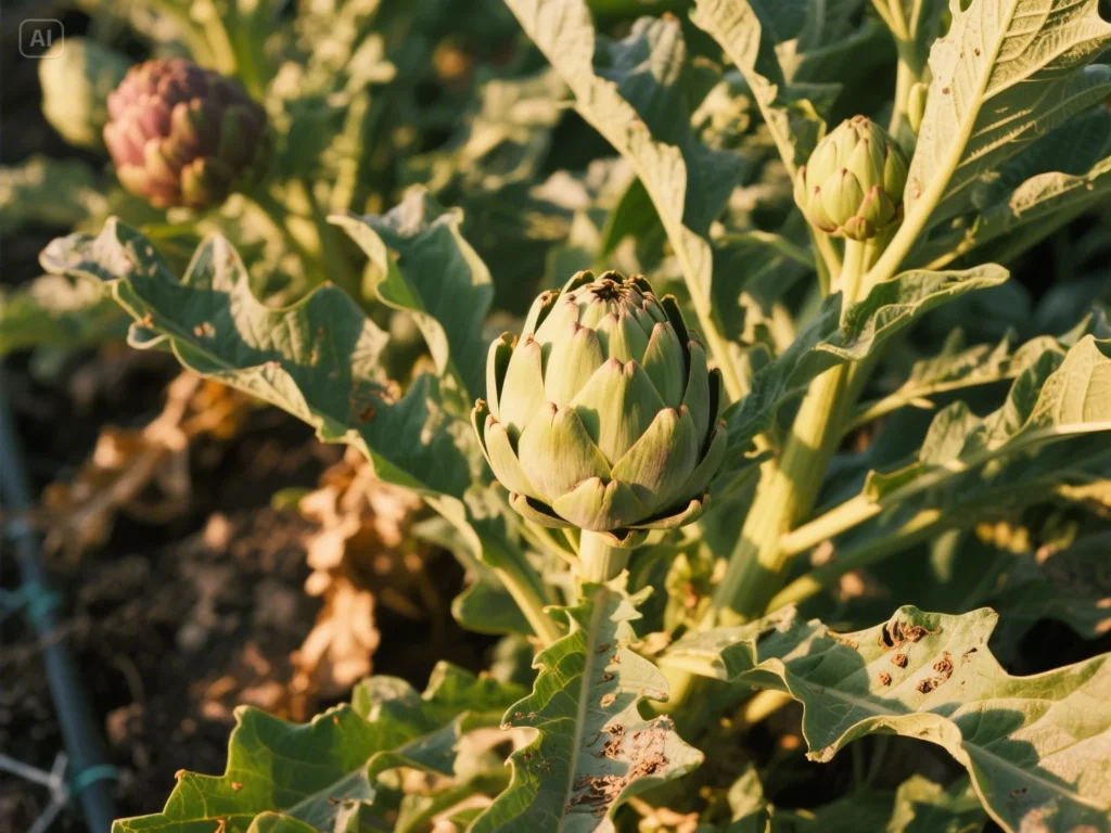 Close-up of a healthy artichoke plant (Cynara cardunculus) featuring a prominent green edible bud growing on its stalk in a sunny field during golden hour.
