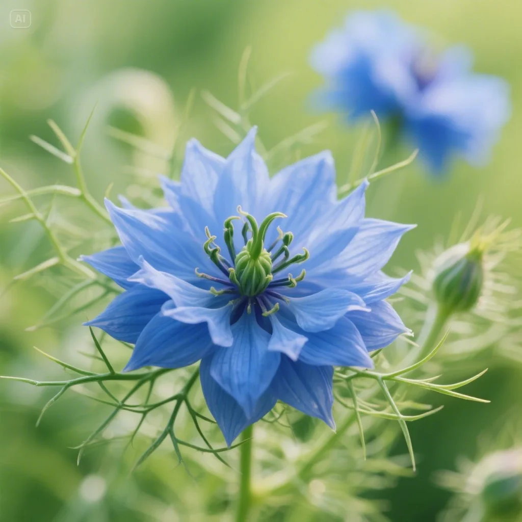 Macro view of a vibrant blue Love-in-a-Mist (Nigella damascena) flower in sharp focus, showing detailed petals and intricate center, enveloped by fine, feathery green bracts against a blurred green background.