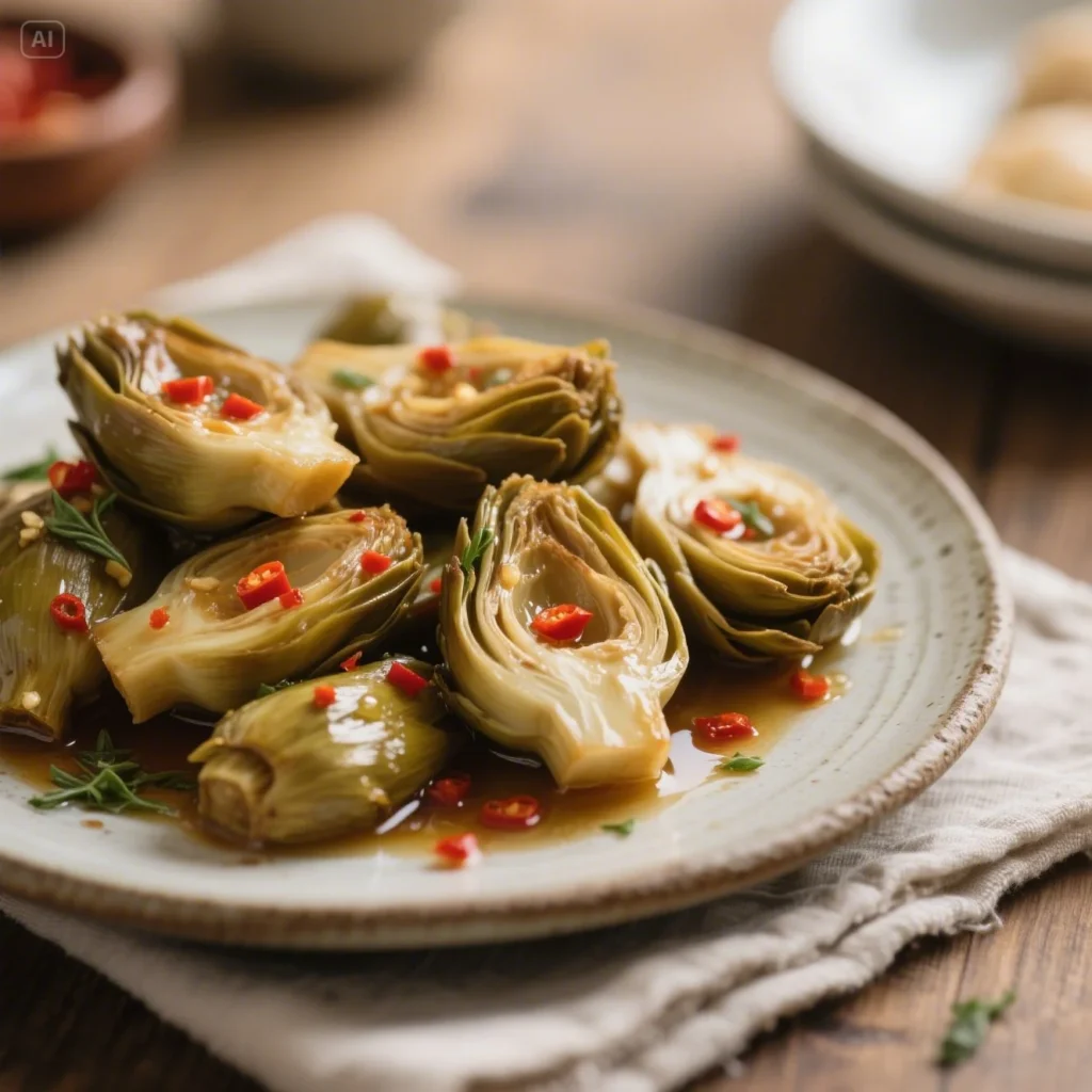 Tender marinated artichoke hearts glistening with oil, topped with red chili flakes and herbs on a textured plate.