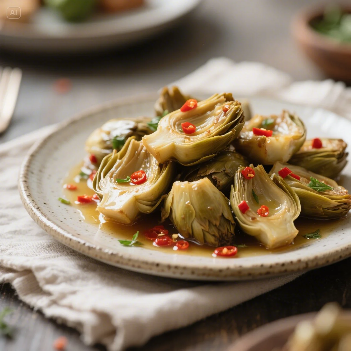 Tender marinated artichoke hearts with chili flakes on a rustic plate, ready to serve.