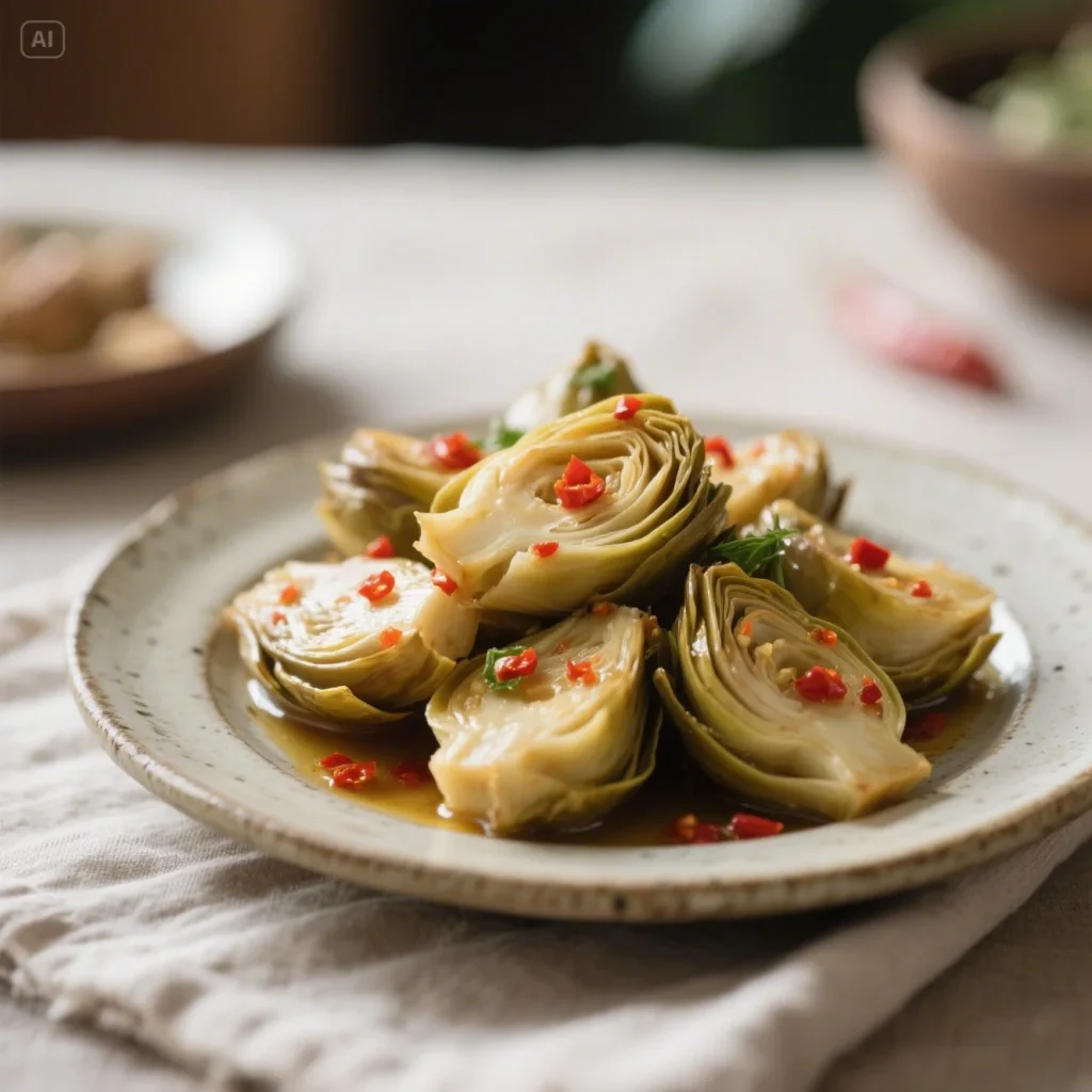 Marinated artichoke hearts appetizer with chili and herbs, served on a rustic dish.