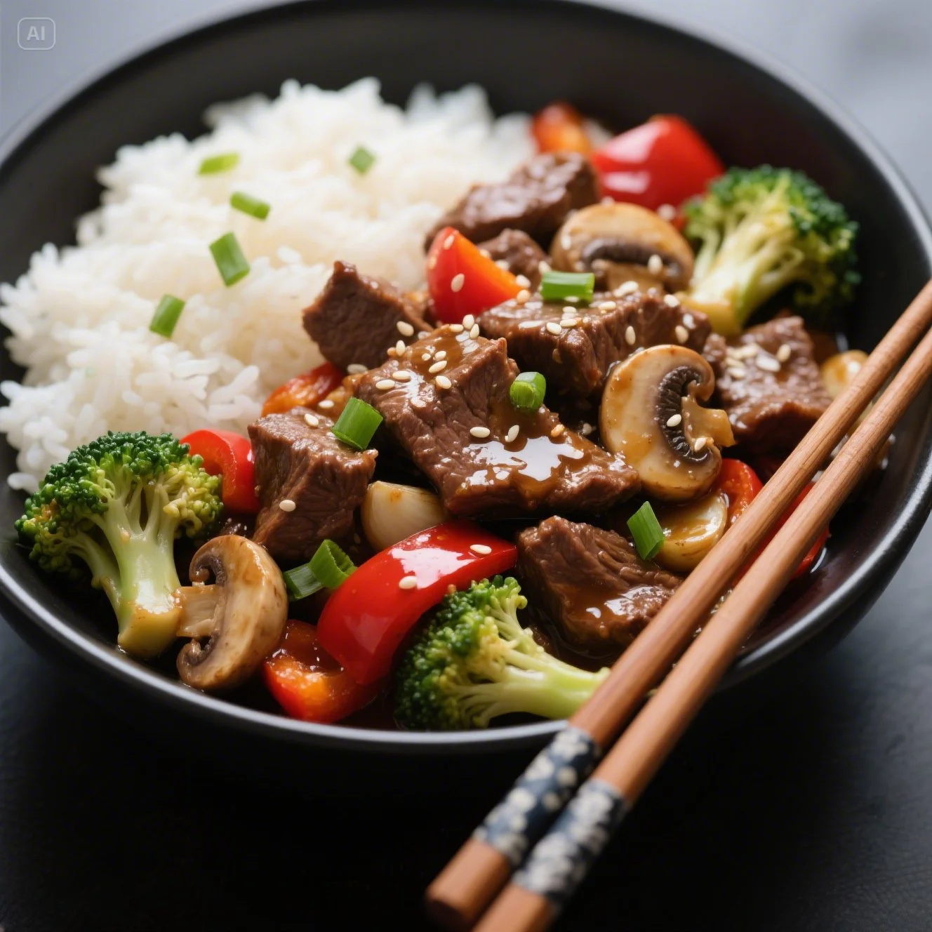 Appetizing Beef with Garlic Sauce stir-fry bowl with beef, broccoli, red bell peppers, mushrooms, and white rice, garnished with sesame seeds and green onions.