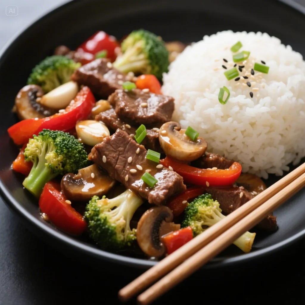 Appetizing Beef with Garlic Sauce stir-fry featuring beef, broccoli, red bell peppers, mushrooms, and garlic cloves served over white rice.