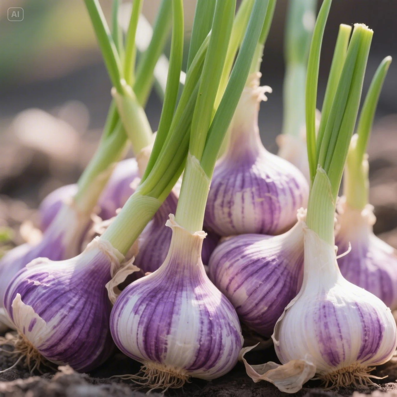 Fresh purple garlic bulbs with green scapes, close-up view showing texture and stripes.