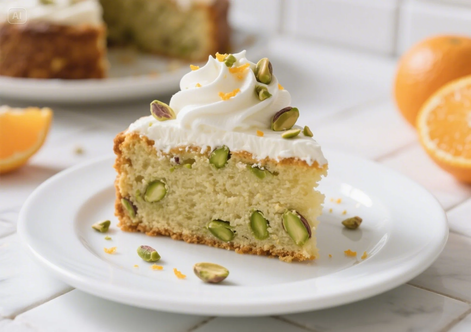 Slice of pistachio ricotta cake topped with whipped cream, chopped pistachios, and orange zest on a white plate