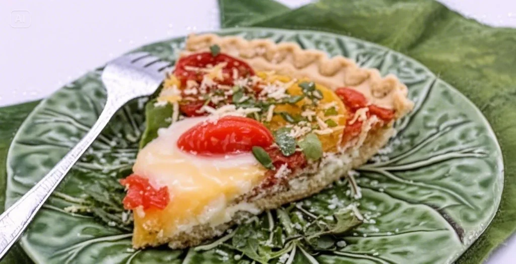 Slice of tomato ricotta pie with basil on a plate