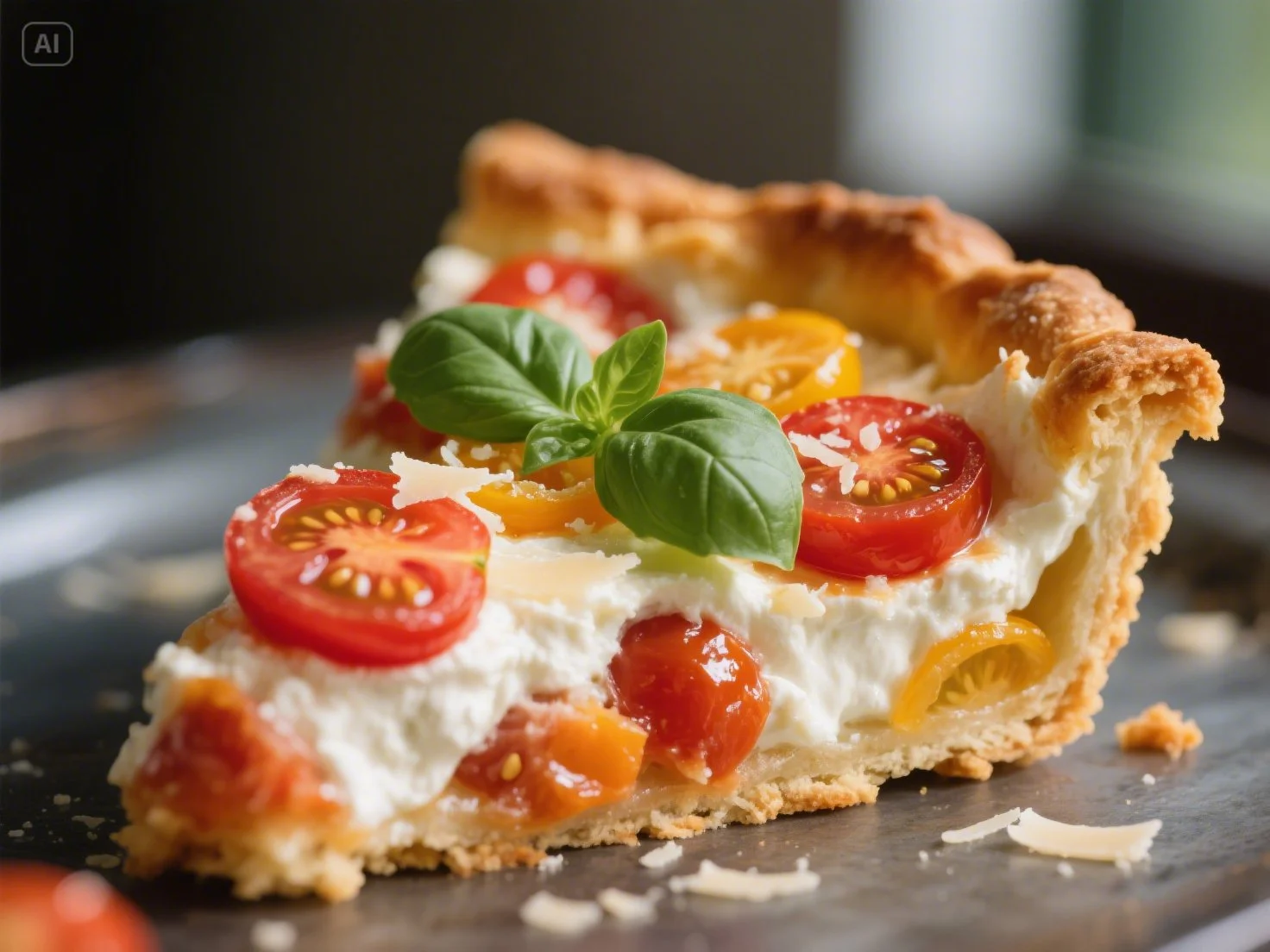 A close-up slice of tomato ricotta pie with basil and parmesan grated cheese.
