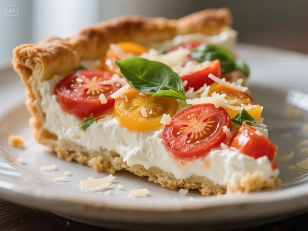 A close-up slice of tomato ricotta pie with basil and parmesan.