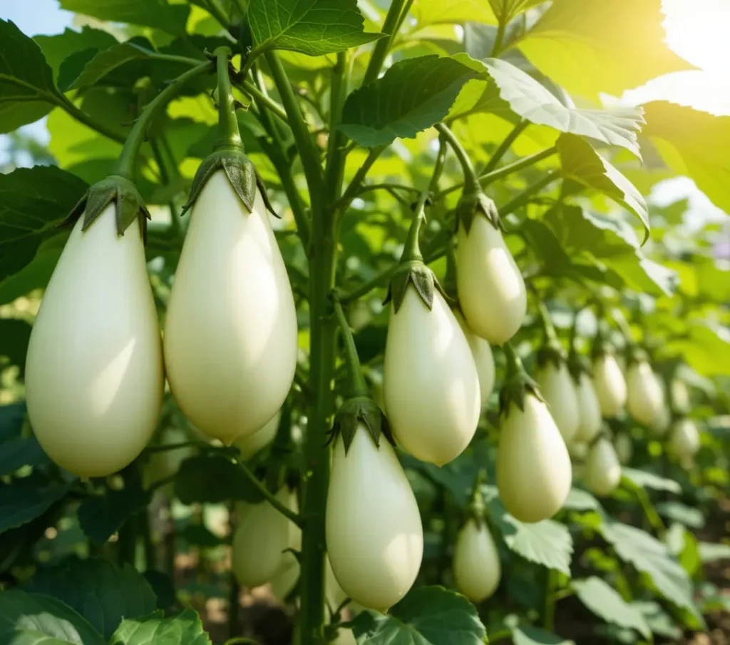 Several ripe white eggplants hanging from a lush green plant (Solanum melongena) basking in sunlight in a garden setting.