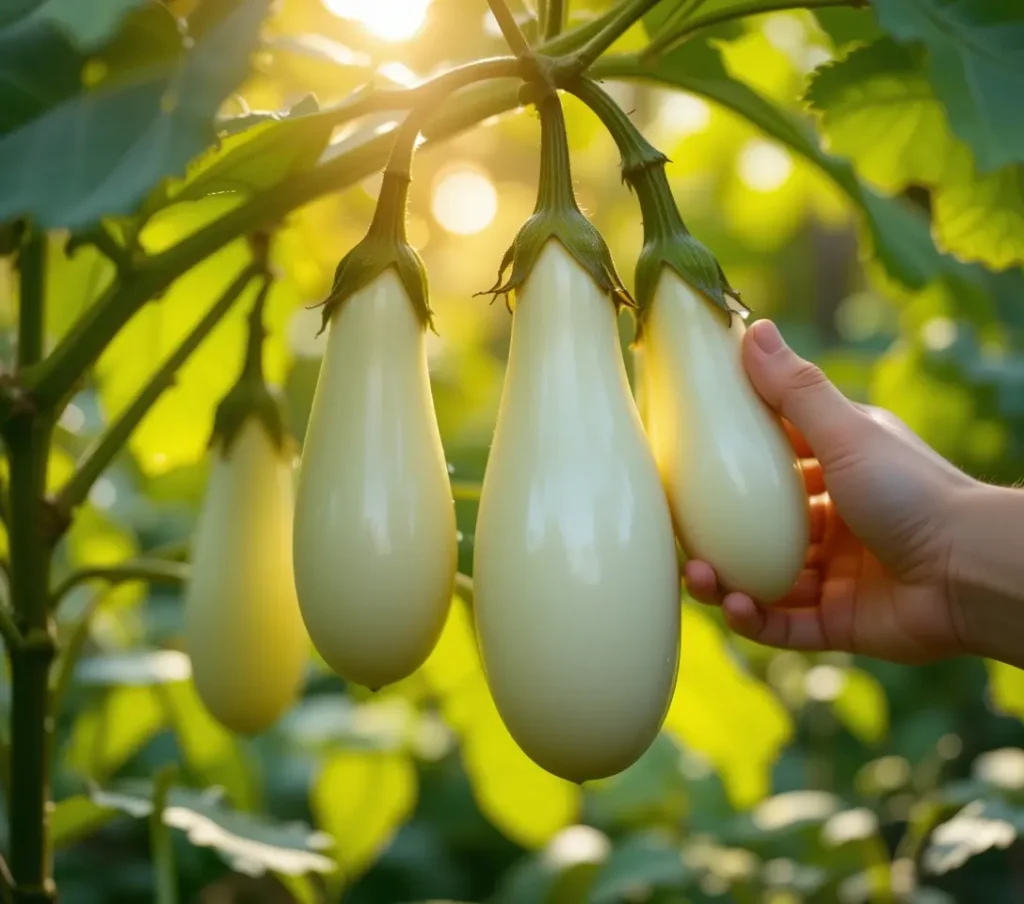 Several glossy white eggplants growing on a leafy bush, highlighted by warm sunlight, with a hand reaching towards one.