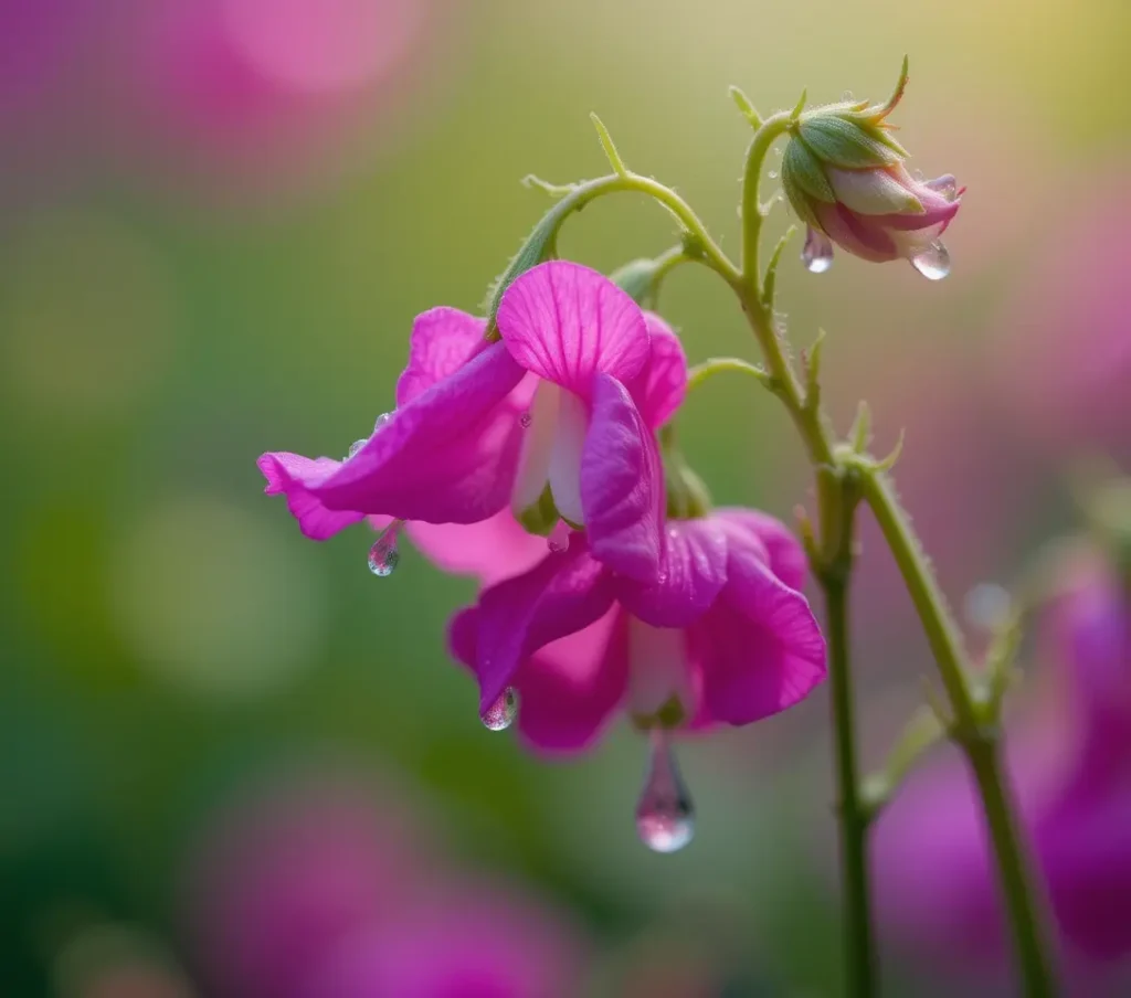 Close-up, photorealistic image of a vibrant magenta sweet pea flower cluster (Lathyrus odoratus). The sharply focused, ruffled petals have tiny water droplets, set against thin green stems, tendrils, and a heavily blurred background with soft green and pink bokeh
