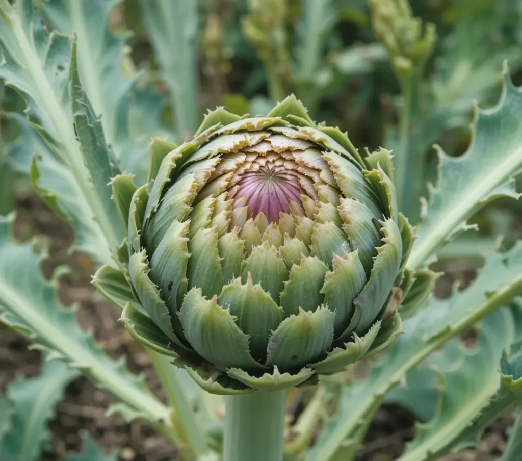 Mature artichoke plant (Cynara cardunculus) with large, silvery-green leaves growing robustly in a sunny garden bed.
Title: Mature Artichoke Plant Growth Habit