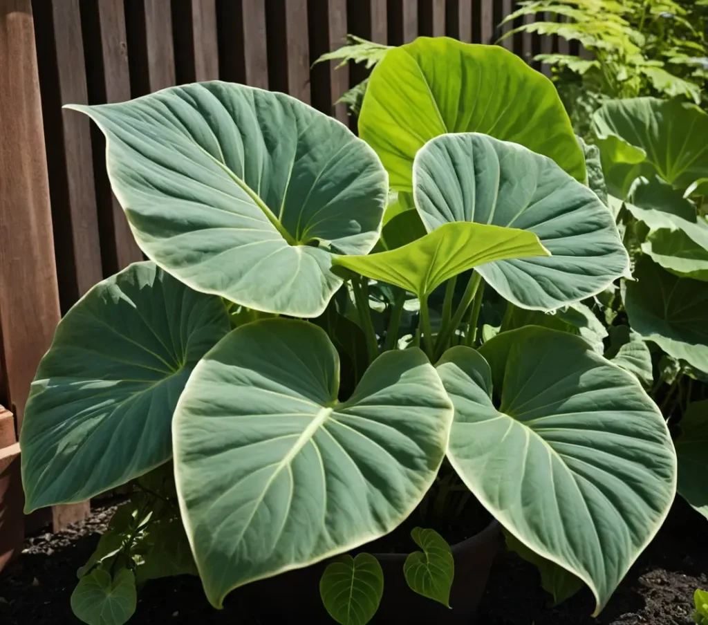 Hyper-realistic photo of a large green Elephant Ears plant in a textured pot against a weathered wooden fence.