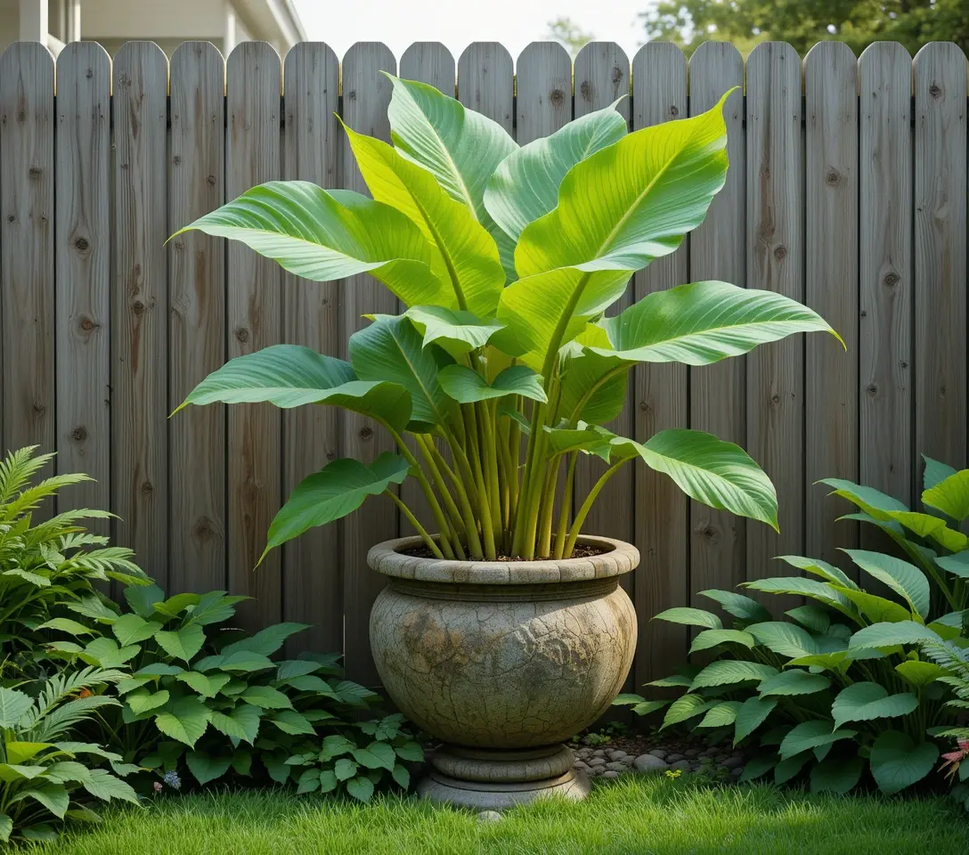 Large green Elephant Ears (Colocasia) plant in textured pot by wood fence - hyper-realistic photo.