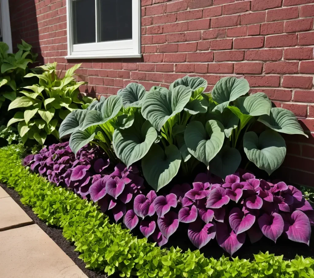 Large dark green and variegated Elephant Ears plants in garden bed with house siding background.
