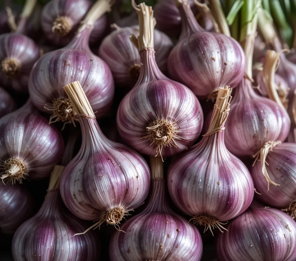 Close-up of vibrant purple garlic bulbs with green scapes, featuring distinct stripes.