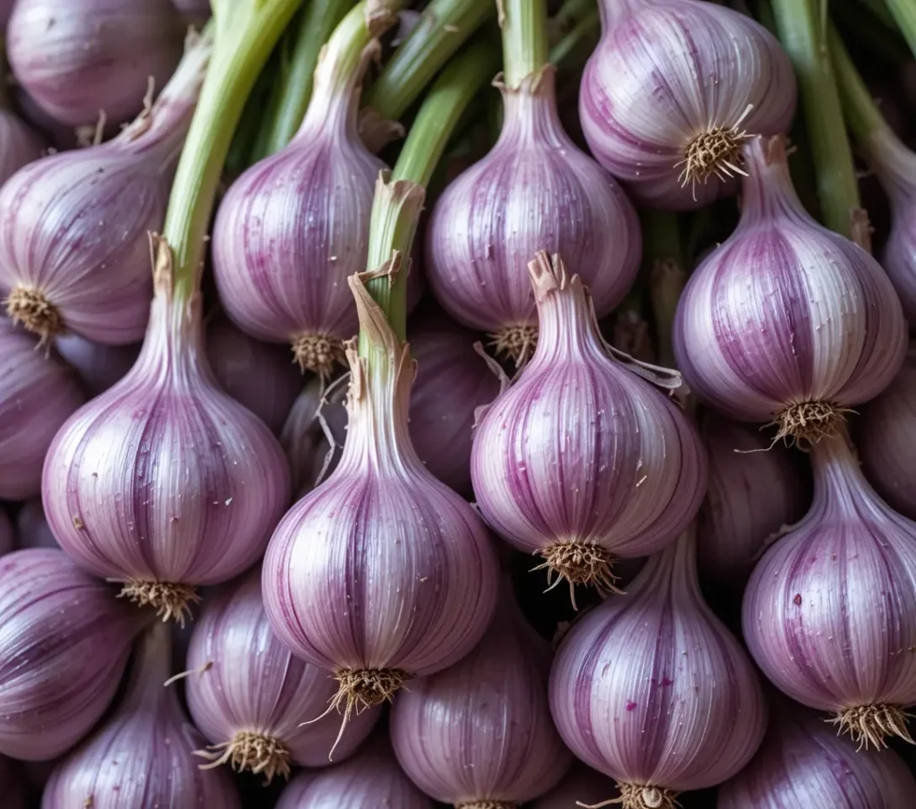 Cluster of fresh purple garlic bulbs with vibrant green scapes.