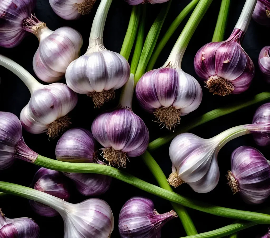Detailed image of fresh purple and white striped garlic bulbs, showing papery skin.