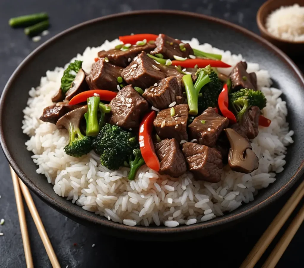 Bowl of Beef with Garlic Sauce and Vegetables over Rice.