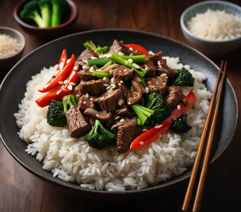 Beef with Garlic Sauce stir-fry served over white rice, featuring beef, broccoli, red peppers, and mushrooms.