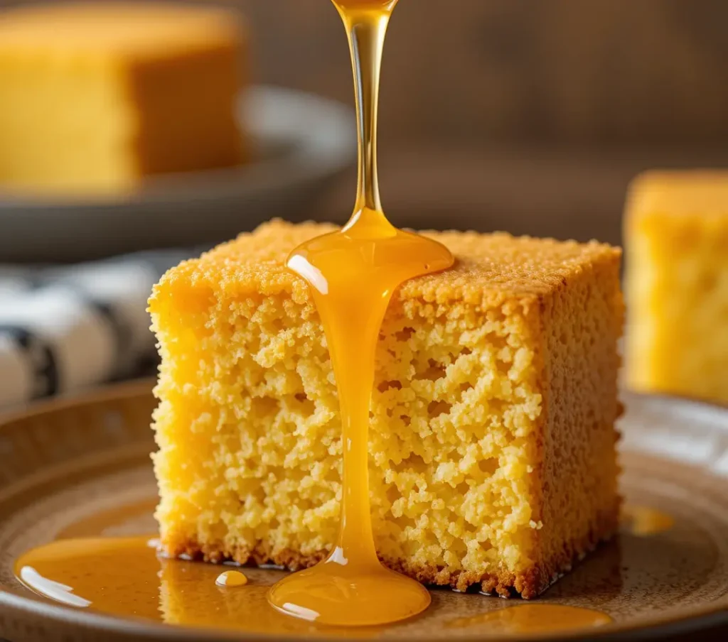 A close-up photo shows a square slice of warm, golden honey butter cornbread. Thick, glistening honey is being drizzled onto the soft, buttery surface.