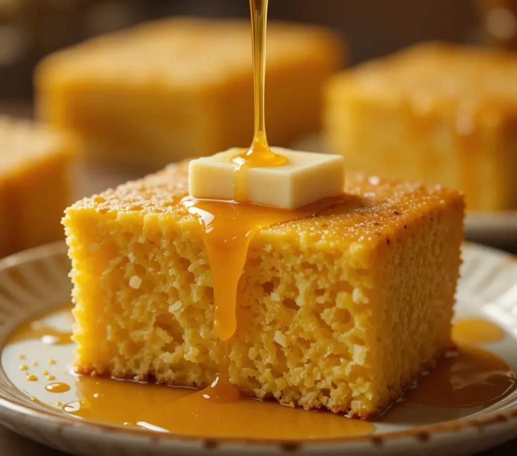 A square piece of warm, bright yellow honey butter cornbread is shown with melted, glossy butter and amber honey being drizzled over the top.