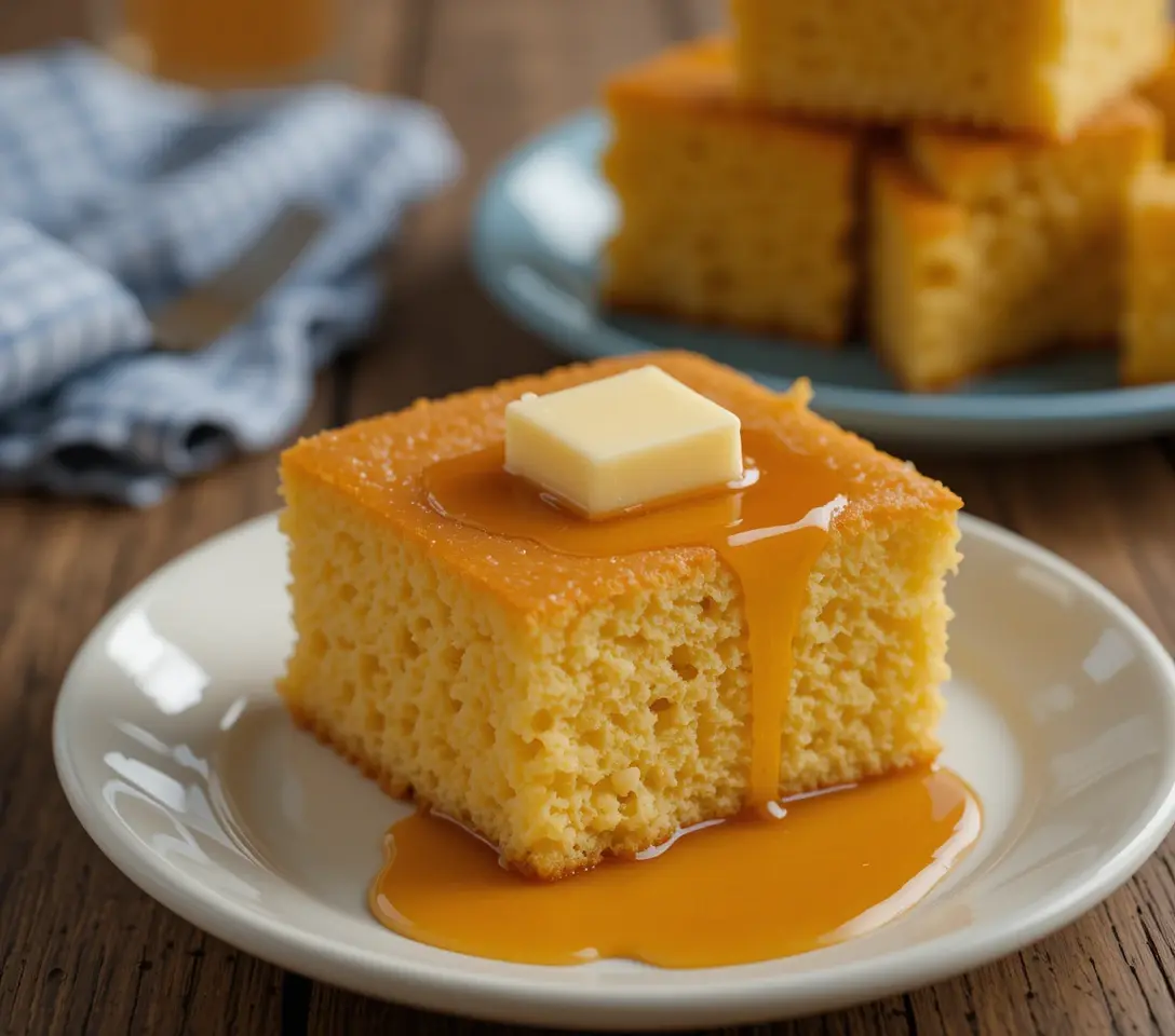 A slice of warm golden honey butter cornbread on a white plate, topped with melting butter and a drizzle of glossy honey.