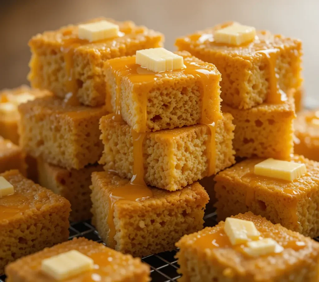 A stack of warm honey butter cornbread squares on a wire rack, topped with pats of butter and drizzled with glossy honey.