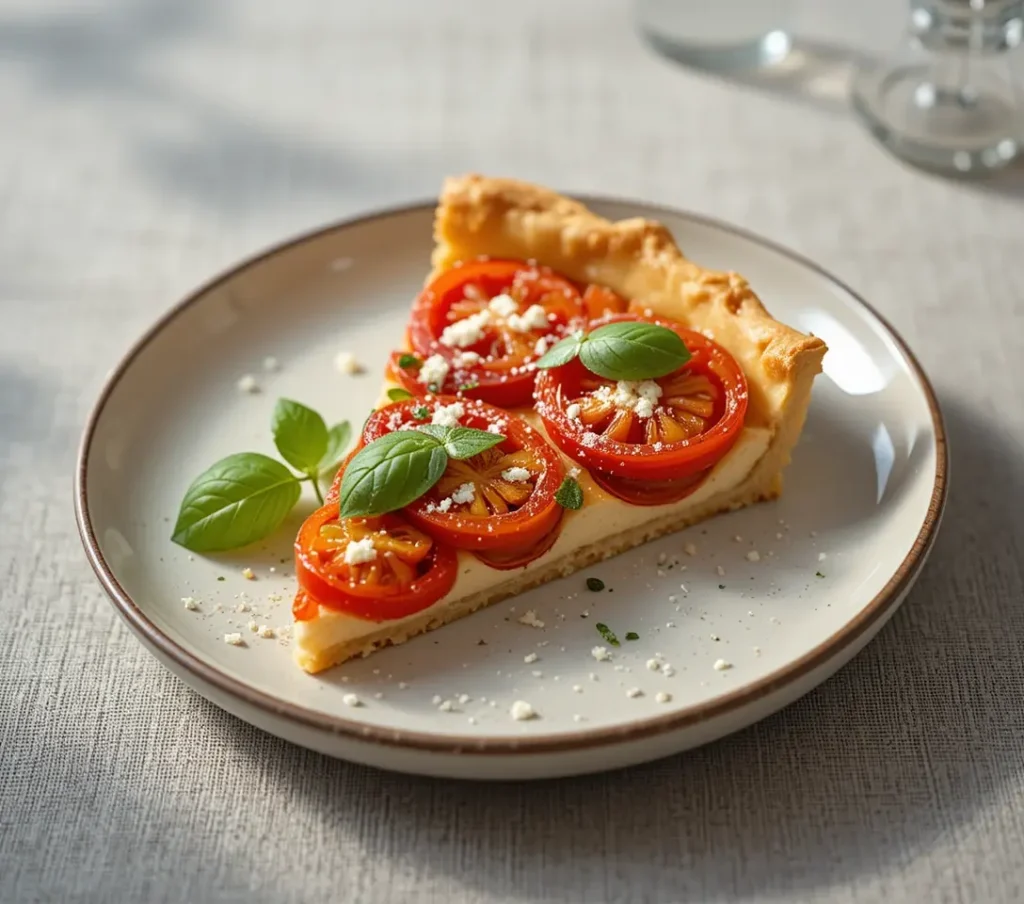 Appetizing slice of savory tomato and ricotta tart with fresh basil and cheese on a light
