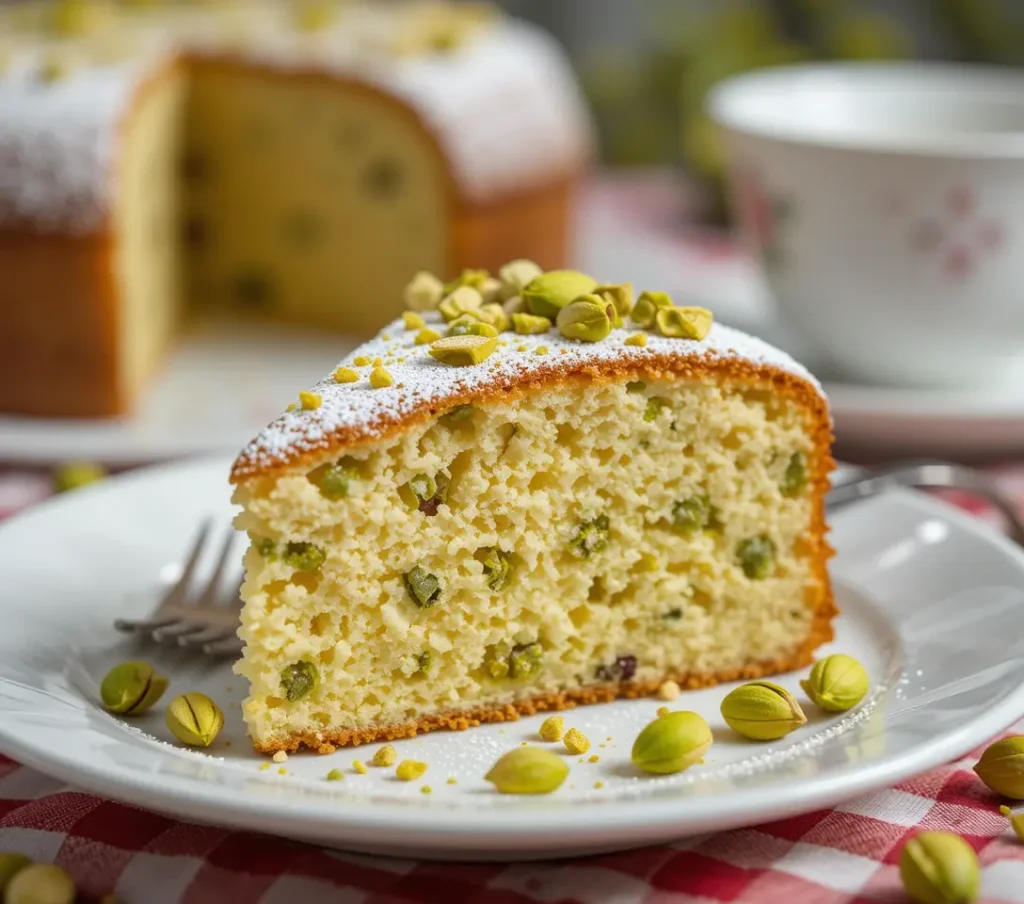 Slice of pistachio ricotta cake on a white plate, topped with powdered sugar and chopped pistachios. The cake shows a moist crumb with embedded pistachios.