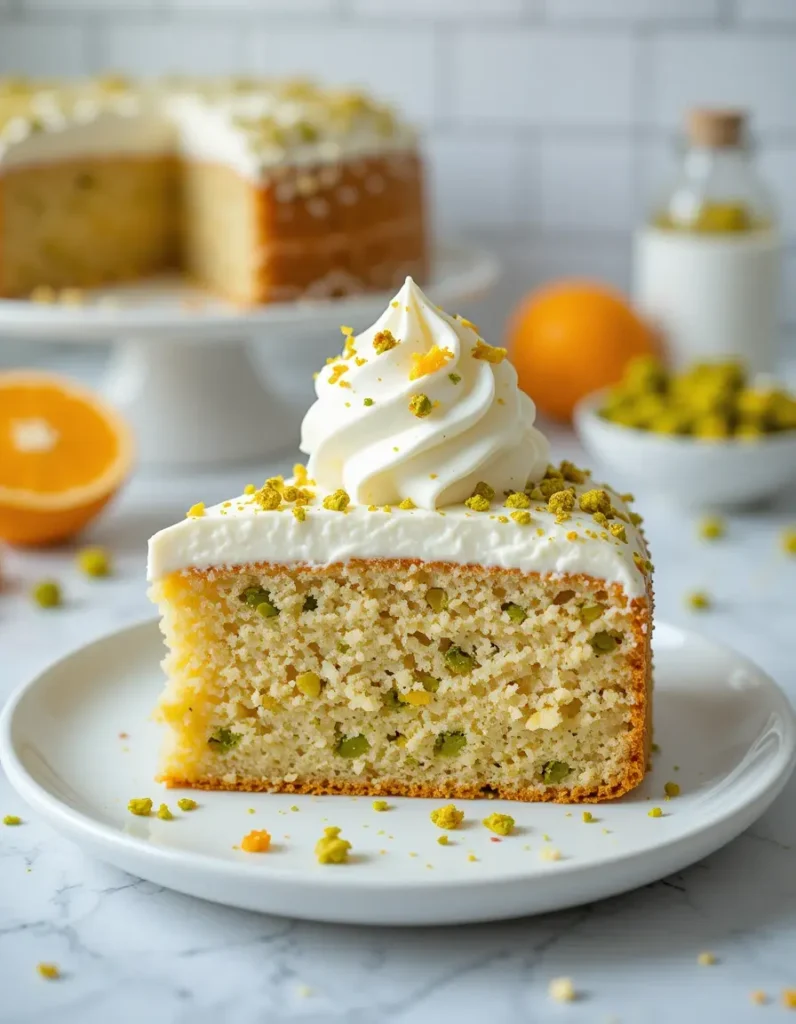 Slice of pistachio ricotta cake topped with white frosting, chopped pistachios, and orange zest on a white plate.