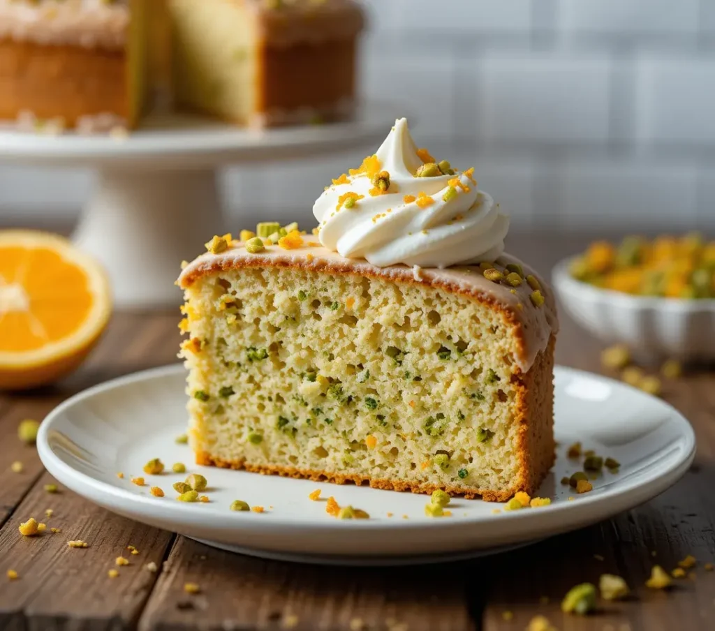 A slice of moist pistachio ricotta cake showing embedded pistachios, topped with creamy white frosting and orange zest.
