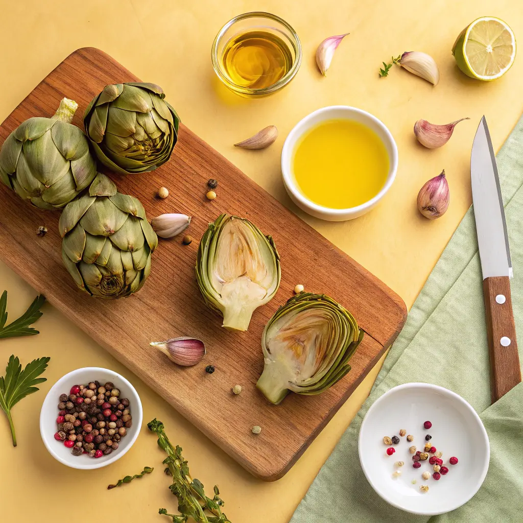Ingredients for Marinated Artichoke Hearts laid out on a wooden cutting board: artichoke hearts, garlic, olive oil, lemon juice, chili flakes, peppercorns, herbs, and lemon wedges. Prep for a recipe.