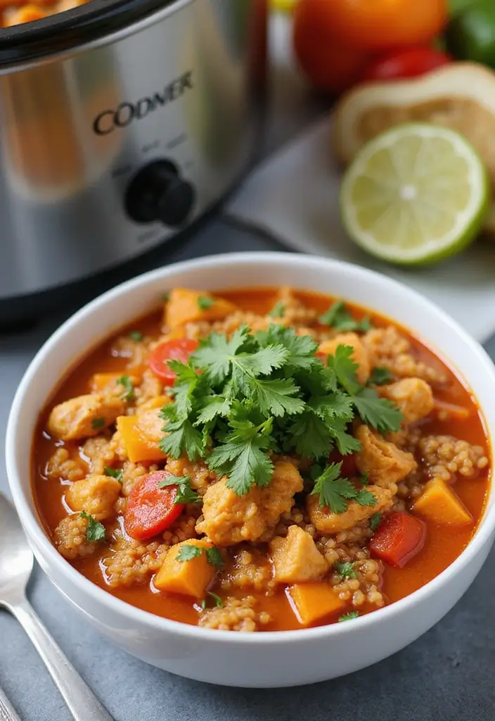 25 High Protein Crock Pot Freezer Meals for Meal Prep - 1. Spicy Chicken and Quinoa Stew
