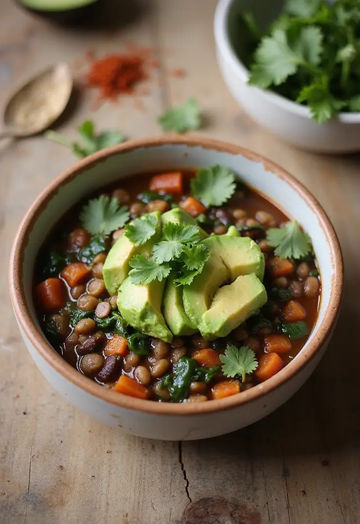 25 High Protein Crock Pot Freezer Meals for Meal Prep - 3. Lentil and Spinach Chili