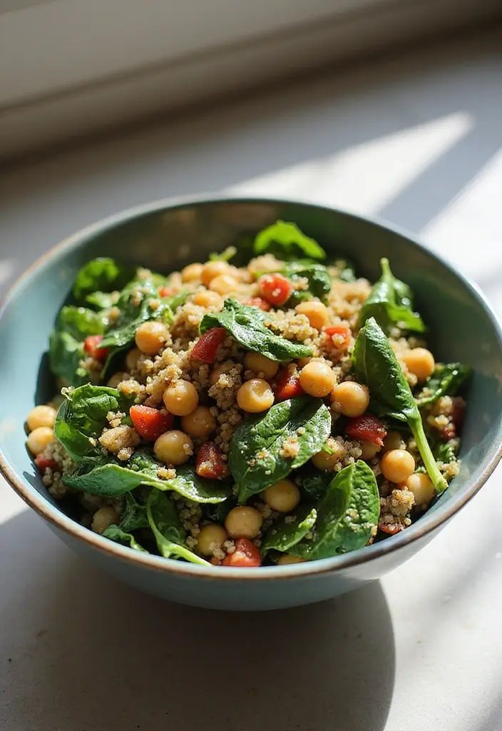 27 High Protein Freezer Meal Recipes for Fitness Goals - 8. Spinach and Chickpea Quinoa Salad