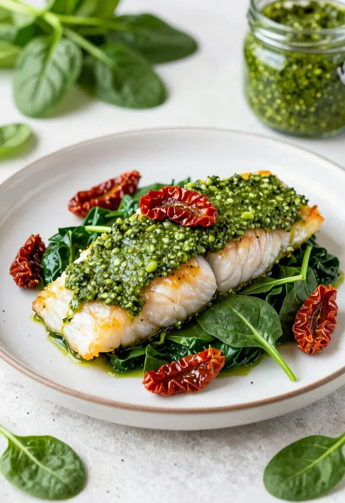 10 Keto Halibut Recipes for Light Flaky Low Carb Dinners - 9. Pesto Halibut with Spinach 1
