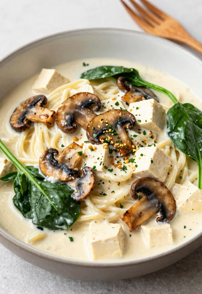 12 Healthy Clean Eating Tofu Recipes for Light Protein Meals - 10. Creamy Tofu Alfredo Pasta 1