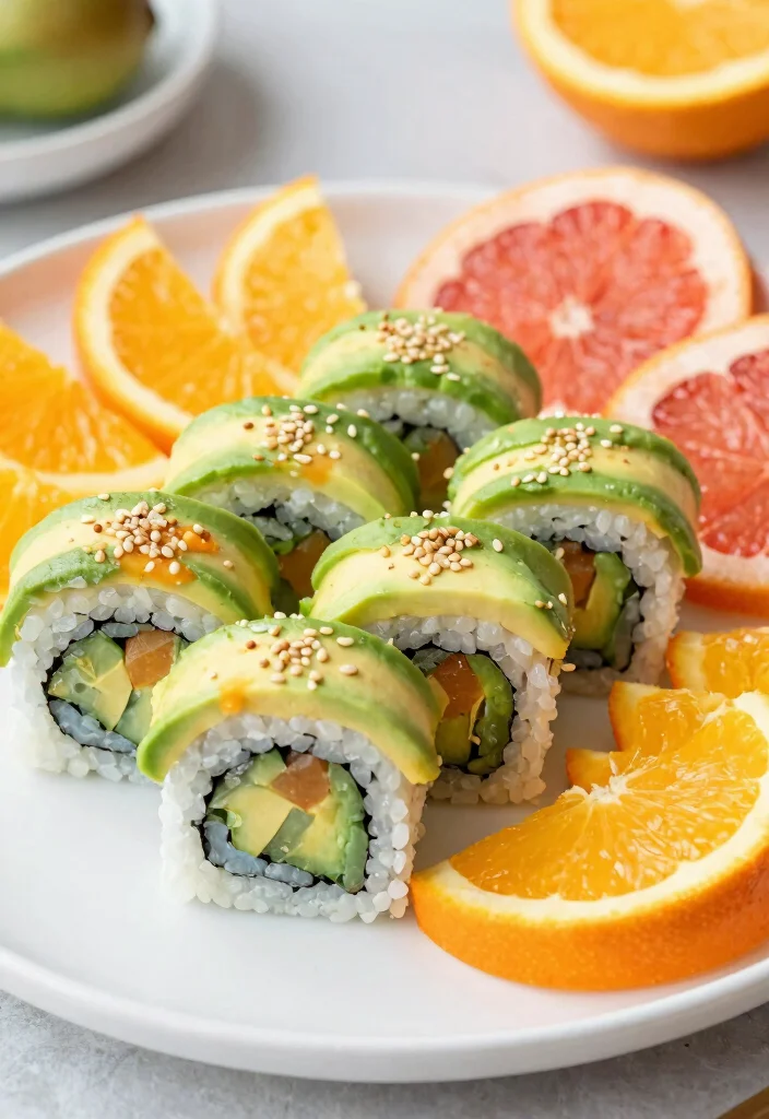 12 Vegan Sushi Recipes for Fresh Creative Rolls - 10. Citrus and Avocado Rainbow Rolls 1