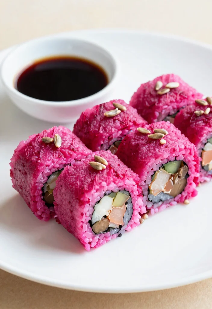 12 Vegan Sushi Recipes for Fresh Creative Rolls - 6. Beetroot Sushi Rolls 1